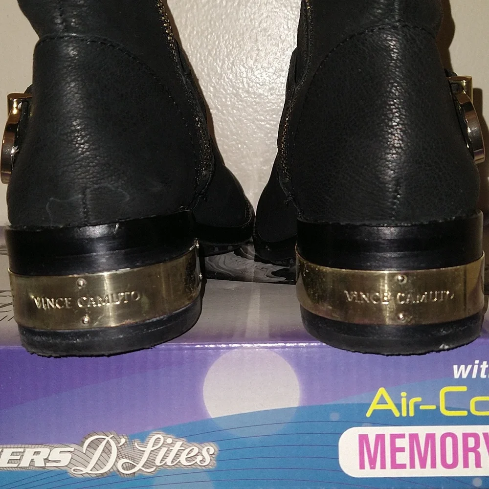 Vince Camuto Winchell Moto Mid Calf Black Leather Boots With Gold Tone Metal - Picture 5 of 6